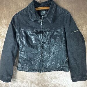 Les Copains Black Denim Vegan Leather Jacket full zip Womens Small